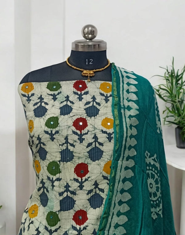 Batik Pure Cotton 3 pc Salwar Suit with Batik Dupatta - Kantha and MirrorWork on Top - Leheriya