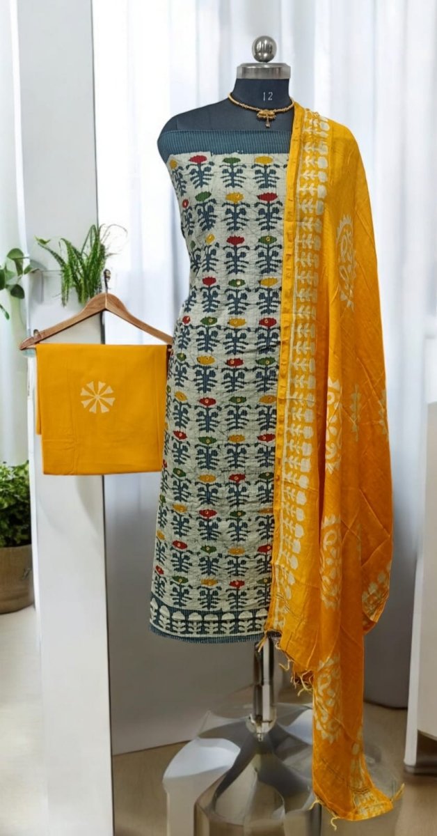 Batik Pure Cotton 3 pc Salwar Suit with Batik Dupatta - Kantha and MirrorWork on Top - Leheriya