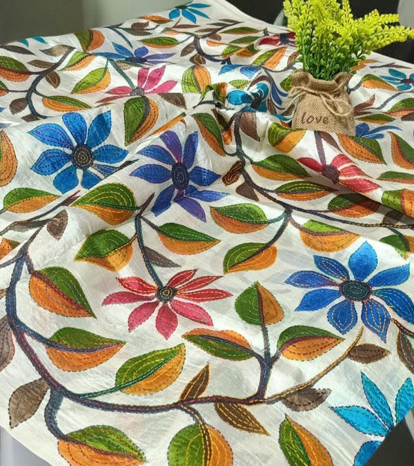 Bengal Kantha Hand Embroidery Tussar Silk Dupatta - Leheriya