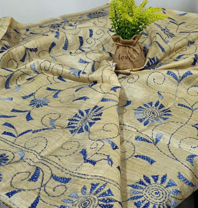 Bengal Kantha Hand Embroidery Tussar Silk Handloom Dupatta - Leheriya