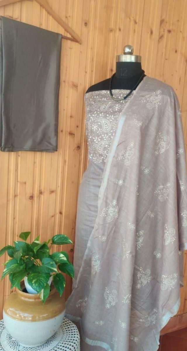 Bhagalpuri Salwar Suit with Embroidery | French Grey | - Leheriya