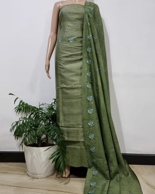 Bhagalpuri Salwar Suit with Embroidery | Olive Haze | - Leheriya