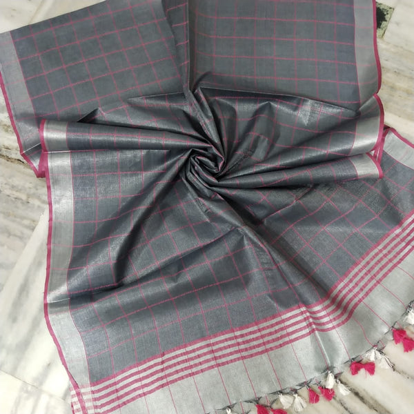 Bhagalpuri Tissue Semi Linen Pink Checks Dupatta - Leheriya