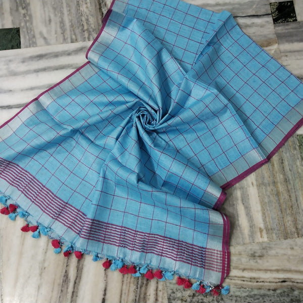 Bhagalpuri Tissue Semi Linen Pink Checks Dupatta - Leheriya