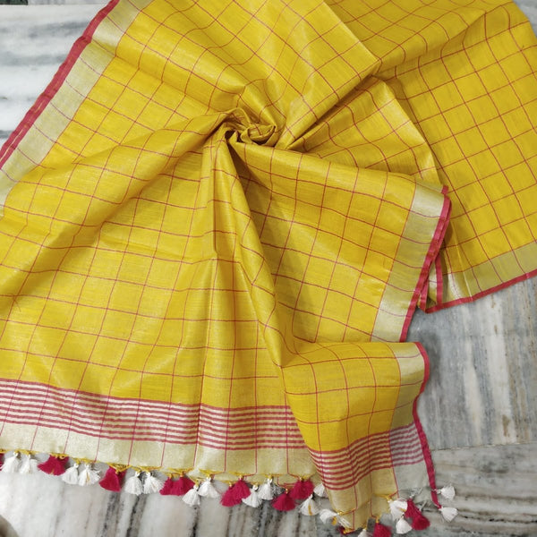 Bhagalpuri Tissue Semi Linen Pink Checks Dupatta - Leheriya