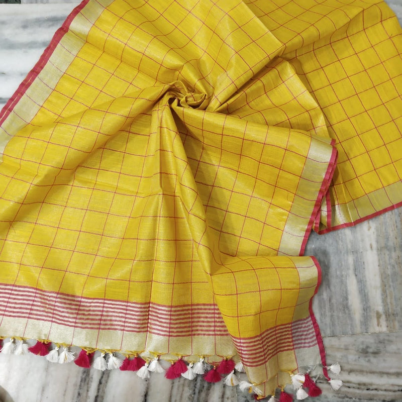 Bhagalpuri Tissue Semi Linen Pink Checks Dupatta - Leheriya