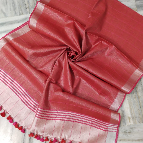 Bhagalpuri Tissue Semi Linen Pink Checks Dupatta - Leheriya