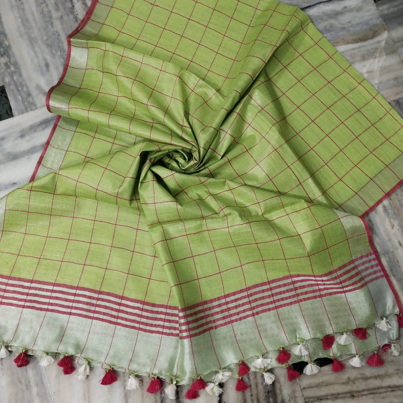 Bhagalpuri Tissue Semi Linen Pink Checks Dupatta - Leheriya