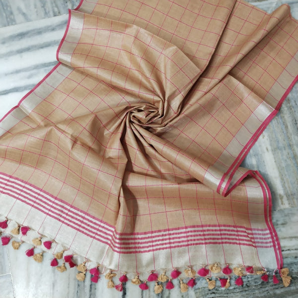 Bhagalpuri Tissue Semi Linen Pink Checks Dupatta - Leheriya