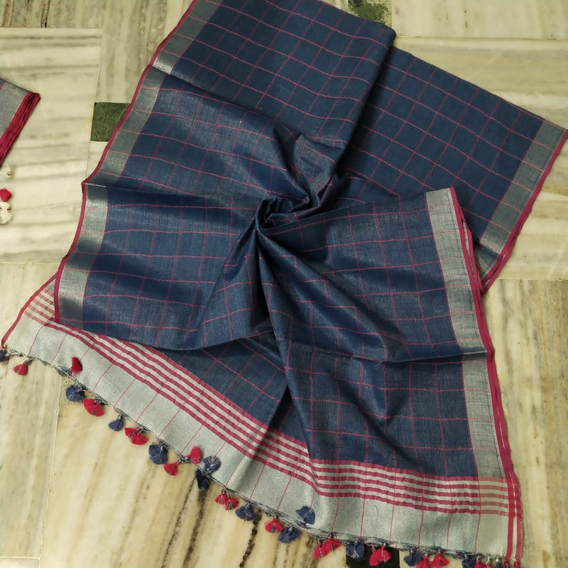 Bhagalpuri Tissue Semi Linen Pink Checks Dupatta - Leheriya