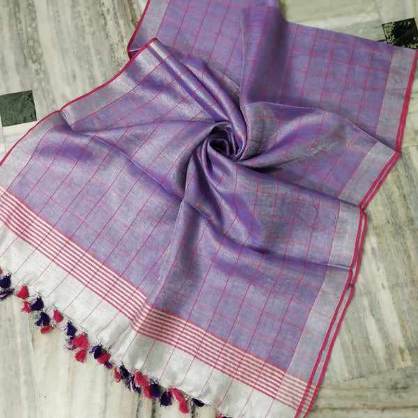 Bhagalpuri Tissue Semi Linen Pink Checks Dupatta - Leheriya