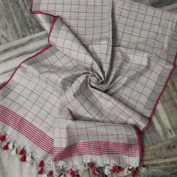 Bhagalpuri Tissue Semi Linen Pink Checks Dupatta - Leheriya