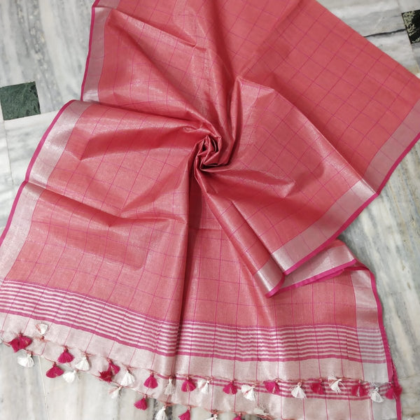 Bhagalpuri Tissue Semi Linen Pink Checks Dupatta - Leheriya