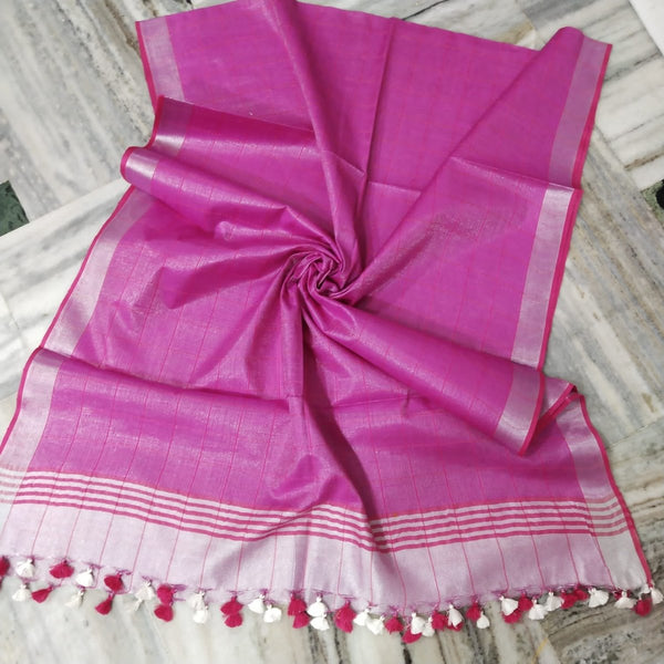 Bhagalpuri Tissue Semi Linen Pink Checks Dupatta - Leheriya