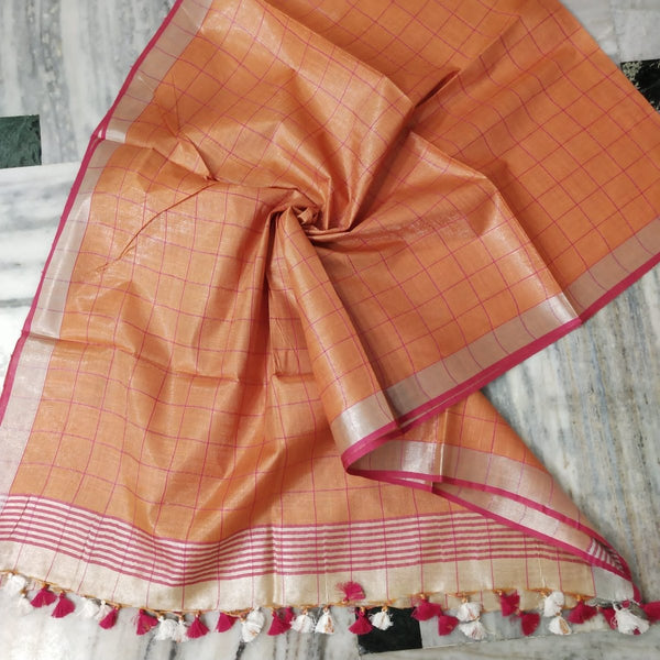 Bhagalpuri Tissue Semi Linen Pink Checks Dupatta - Leheriya