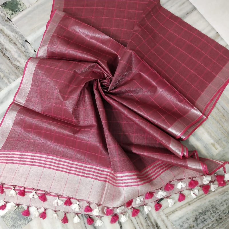 Bhagalpuri Tissue Semi Linen Pink Checks Dupatta - Leheriya