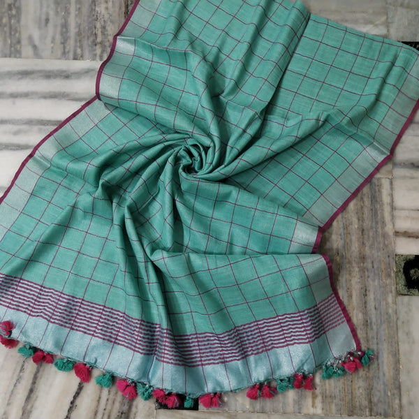 Bhagalpuri Tissue Semi Linen Pink Checks Dupatta - Leheriya