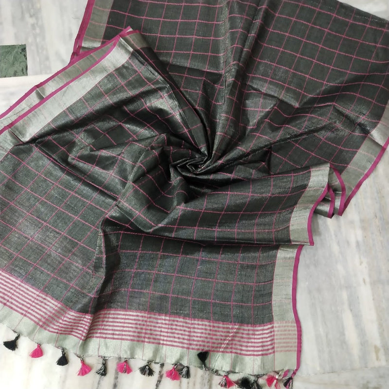 Bhagalpuri Tissue Semi Linen Pink Checks Dupatta - Leheriya