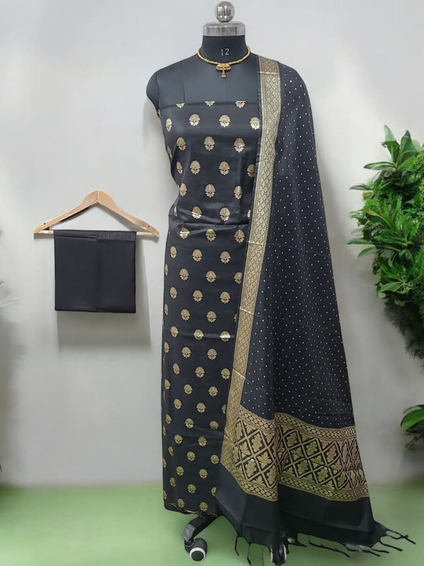 Black Banarasi Silk 3 pc Unstitched Salwar Suit - Leheriya