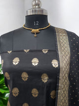 Black Banarasi Silk 3 pc Unstitched Salwar Suit - Leheriya