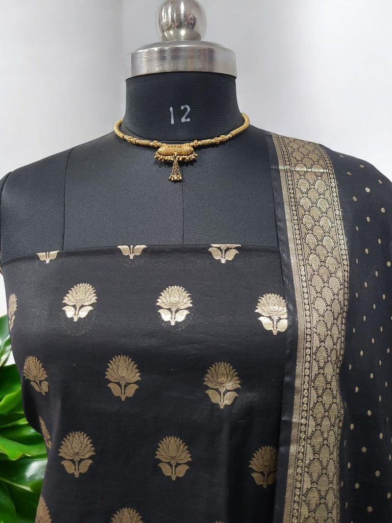 Black Banarasi Silk 3 pc Unstitched Salwar Suit - Leheriya