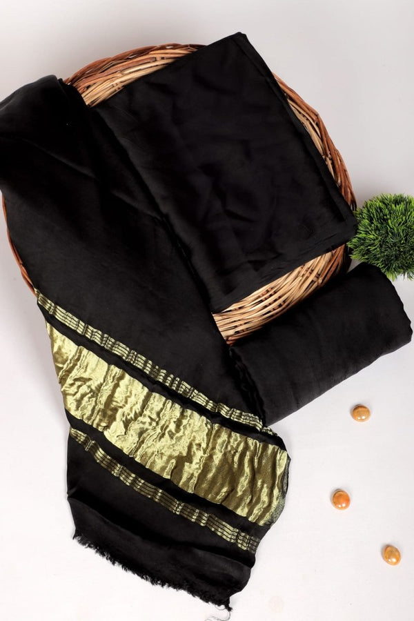 Black Color 3pc Plain Modal Silk Salwar Suit Material Set with Lagdi Patta Dupatta - Leheriya