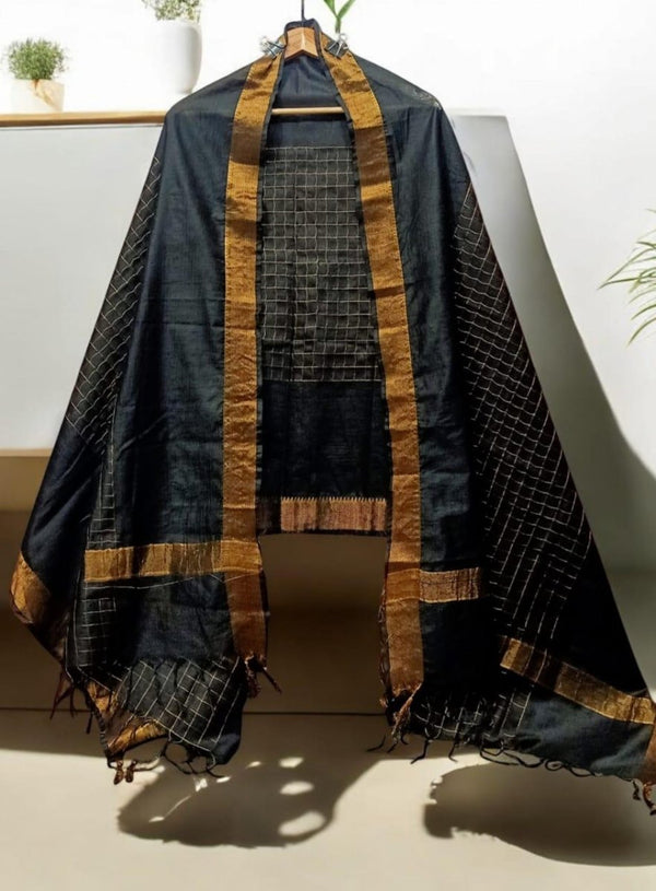 Black Color Mangalagiri Zari Border Cotton Silk Dupatta - Leheriya