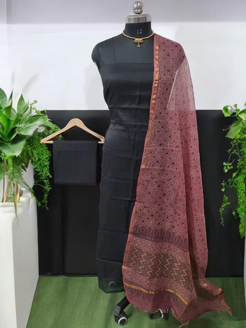 Black Kota Doria Cotton 3 pc Salwar Suit with Vanaspati Ajrakh Kota Doria Dupatta - Leheriya