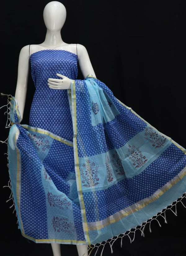 Block Printed Kota Doria Salwar Suit | Blue | - Leheriya