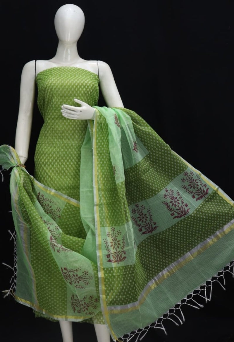 Block Printed Kota Doria Salwar Suit | Green | - Leheriya