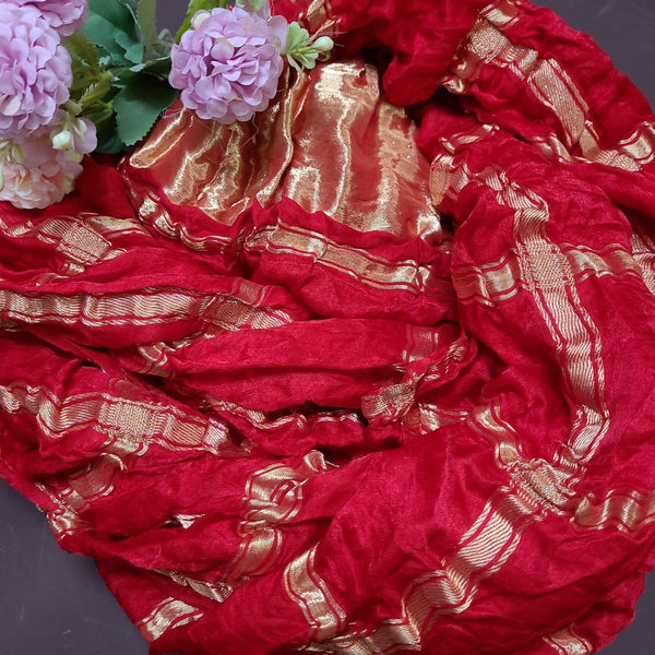 Blood Red Pure Gaji Silk Gharchola Dupatta with Golden Zari Work - Leheriya