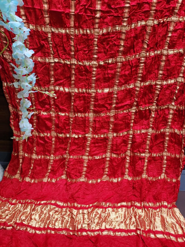 Blood Red Pure Gaji Silk Gharchola Dupatta with Golden Zari Work - Leheriya