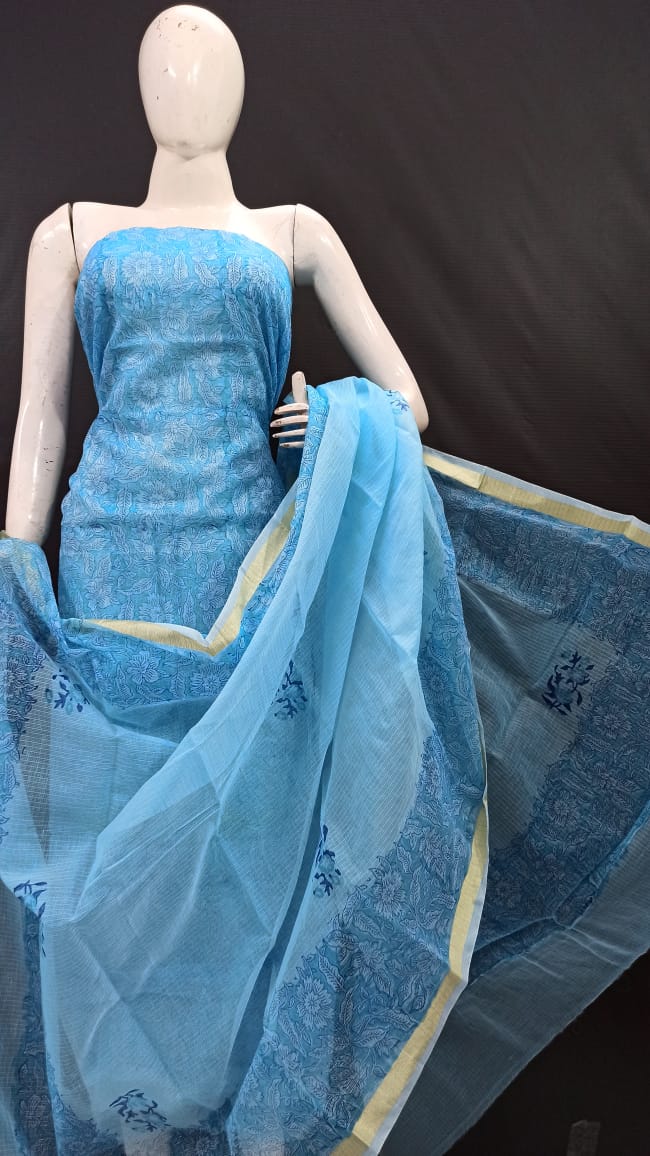 Blue Block Printed Kota Doria Salwar Suit - Leheriya