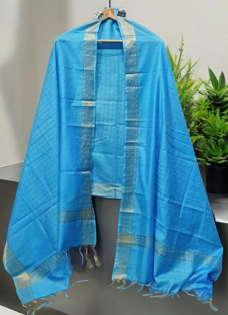 Blue Color Mangalagiri Zari Border Cotton Silk Dupatta - Leheriya