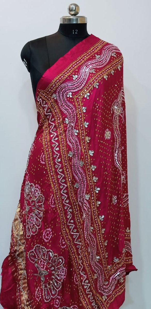 Bridal Pure Gaji Silk Tissue Pallu Bandhani Dupatta with Gotta Patti | Rani Pink | - Leheriya