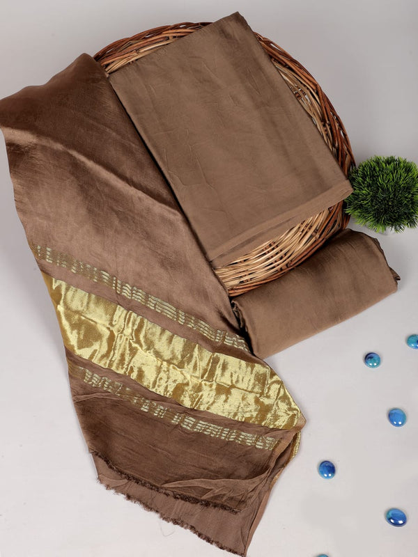 Brown Color 3pc Plain Modal Silk Salwar Suit Material Set with Lagdi Patta Dupatta - Leheriya