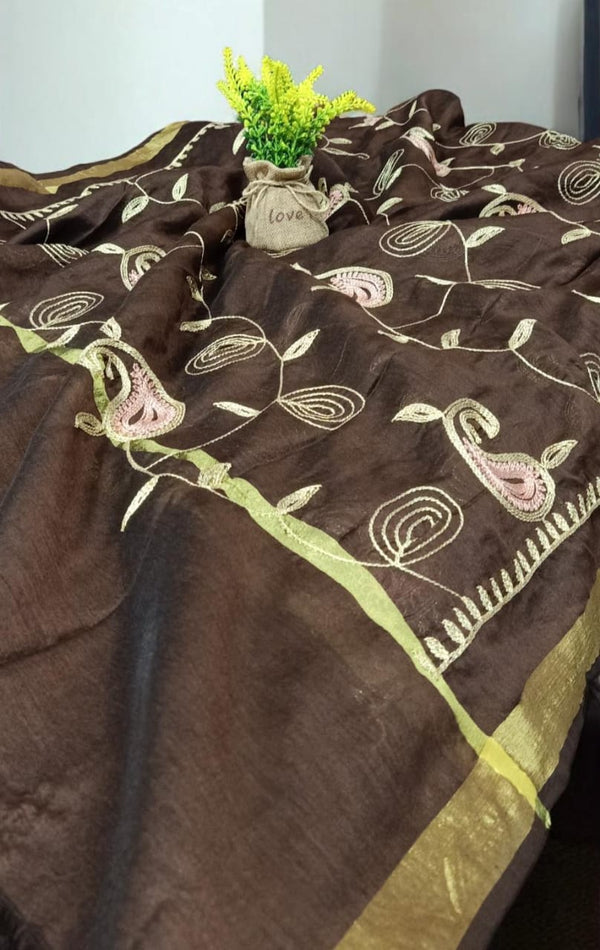 Brown Organza Aari Work Dupatta - Leheriya