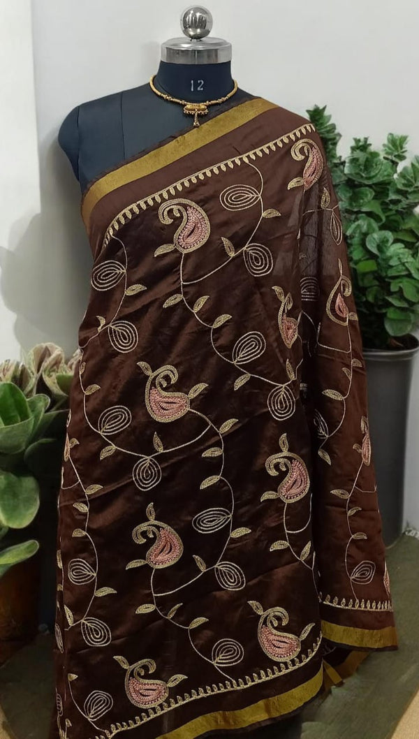 Brown Organza Aari Work Dupatta - Leheriya