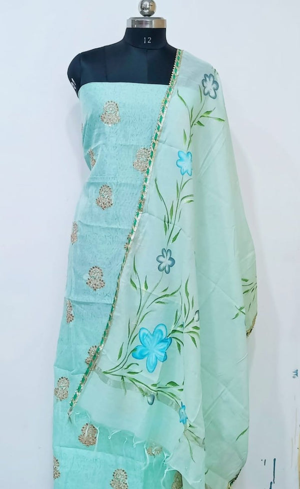 Chanderi Silk Handblock Printed and Embroidered Salwar Kameez With Hand Brush Painted Dupatta - Leheriya