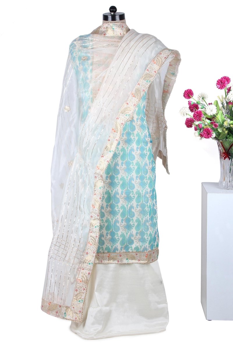 Chanderi Suit with White Organza Dupatta - Leheriya