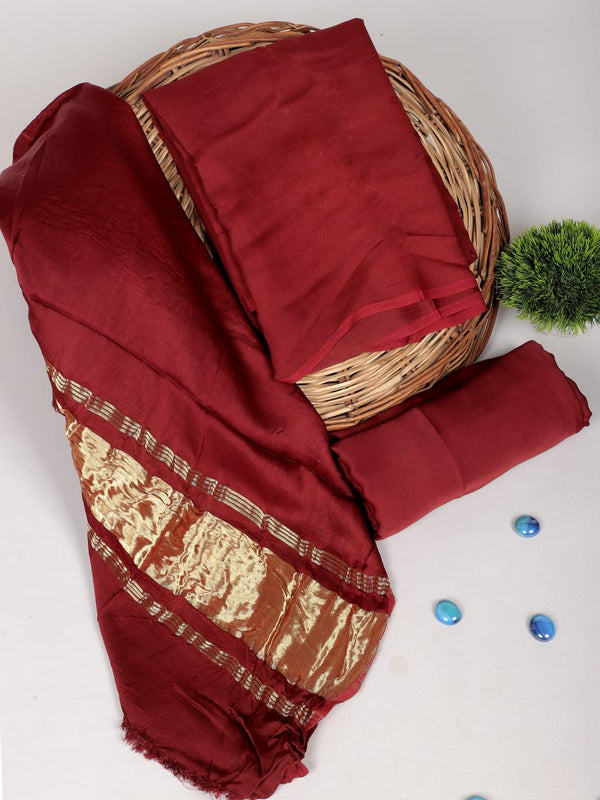 Dark Maroon 3pc Plain Modal Silk Salwar Suit Material Set with Lagdi Patta Dupatta - Leheriya