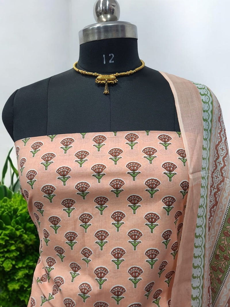 Designer Hand Block Print Pure Cotton Suit With Cotton Dupatta - Leheriya