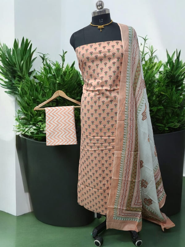 Designer Hand Block Print Pure Cotton Suit With Cotton Dupatta - Leheriya