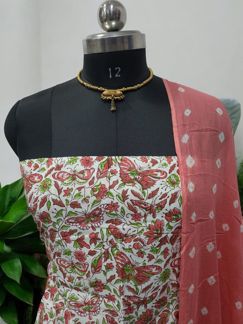 Designer Hand Block Print Pure Cotton Suit With Cotton Mulmul Dupatta - Leheriya