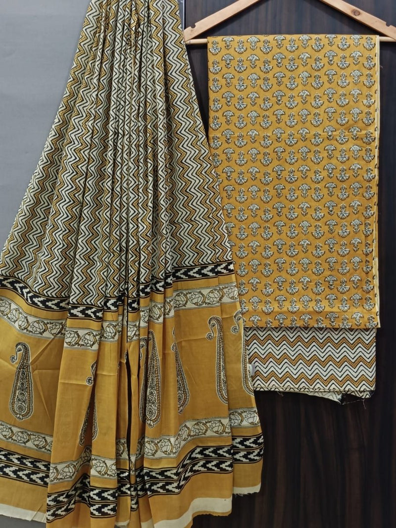 Designer Hand Block Print Pure Cotton Suit With Cotton Mulmul Dupatta - Leheriya