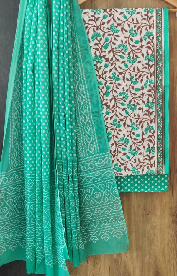 Designer Hand Block Print Pure Cotton Suit With Cotton Mulmul Dupatta - Leheriya