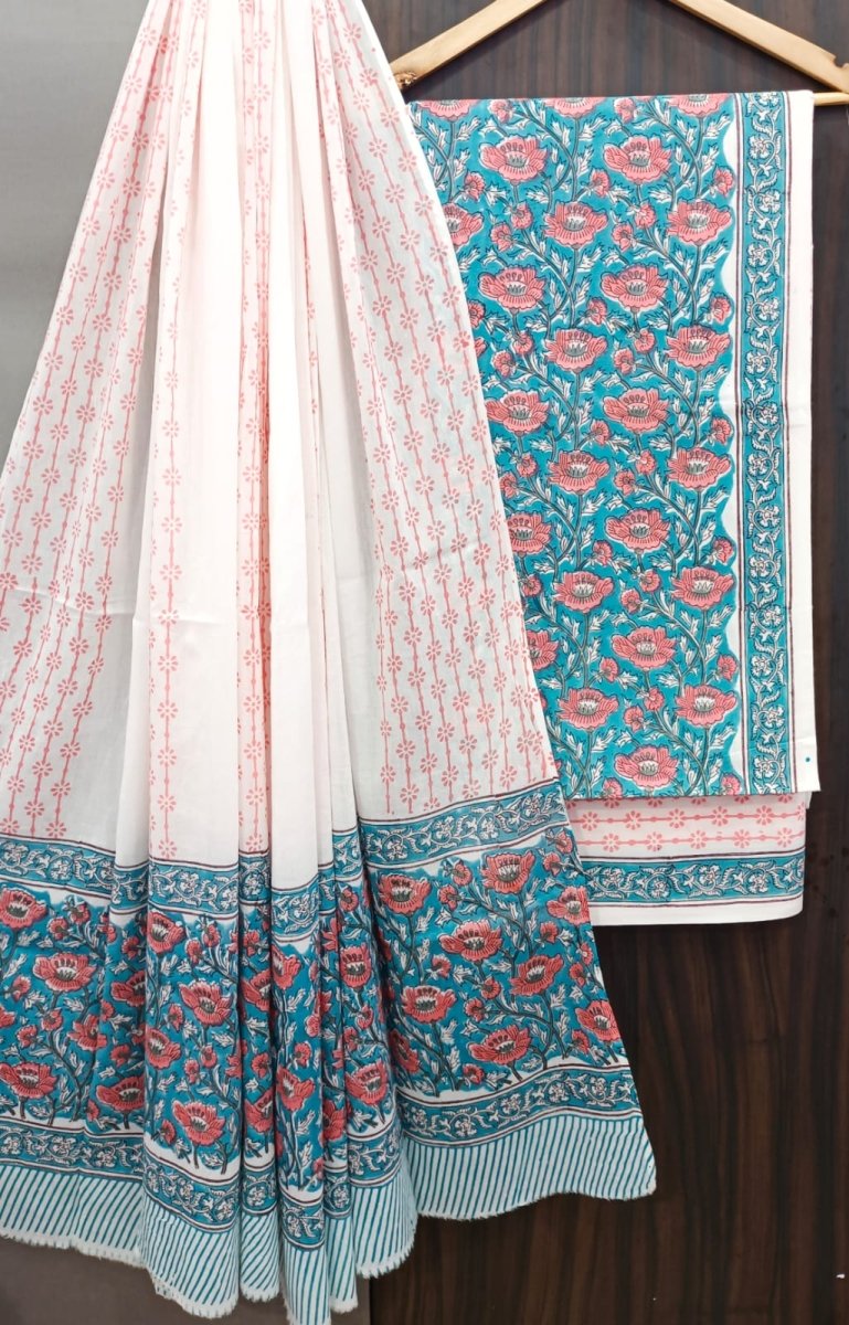 Designer Hand Block Print Pure Cotton Suit With Cotton Mulmul Dupatta - Leheriya