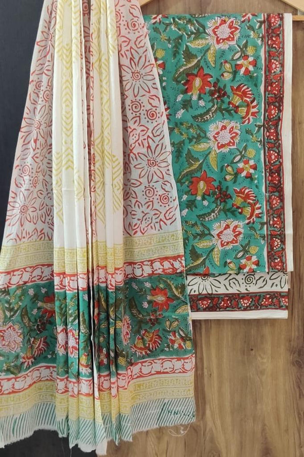 Designer Hand Block Print Pure Cotton Suit With Cotton Mulmul Dupatta - Leheriya