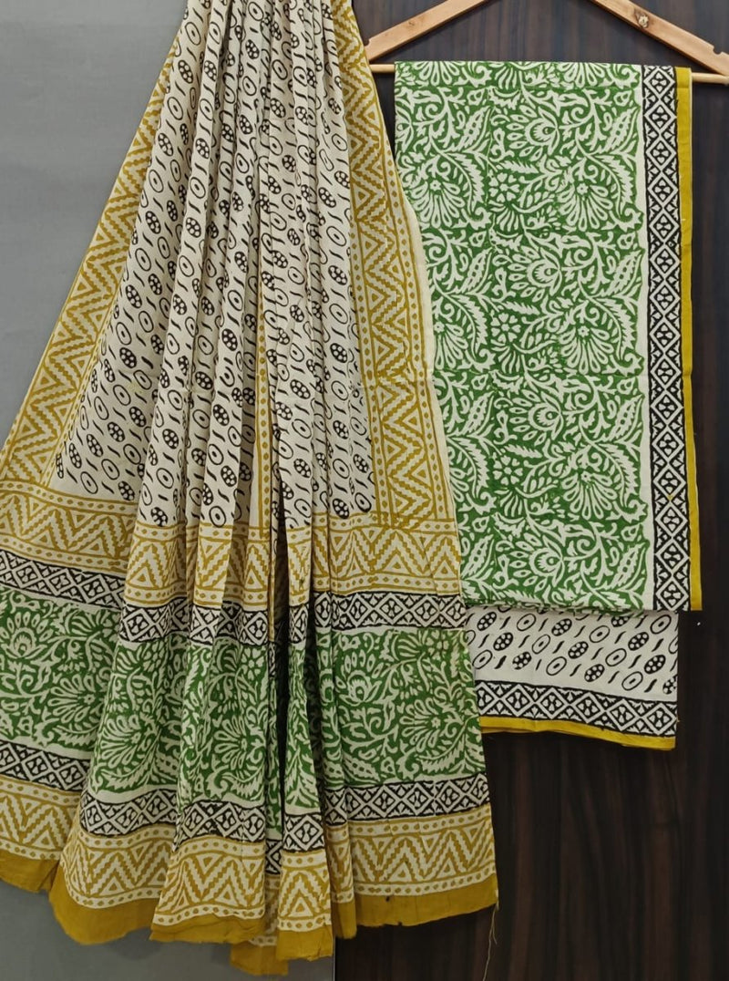 Designer Hand Block Print Pure Cotton Suit With Cotton Mulmul Dupatta - Leheriya