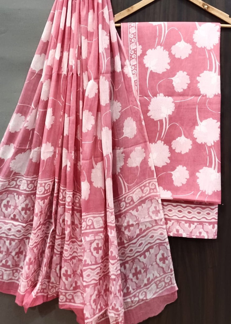 Designer Hand Block Print Pure Cotton Suit With Cotton Mulmul Dupatta - Leheriya